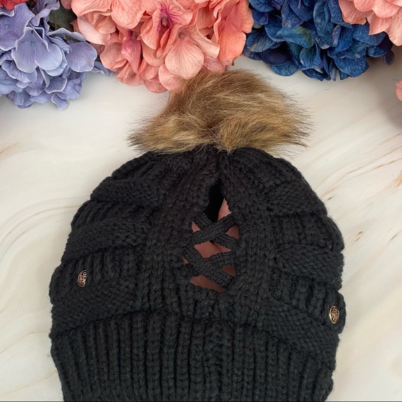 Black Knit Criss Cross Ponytail Pom Pom Beanie - Picture 12 of 15